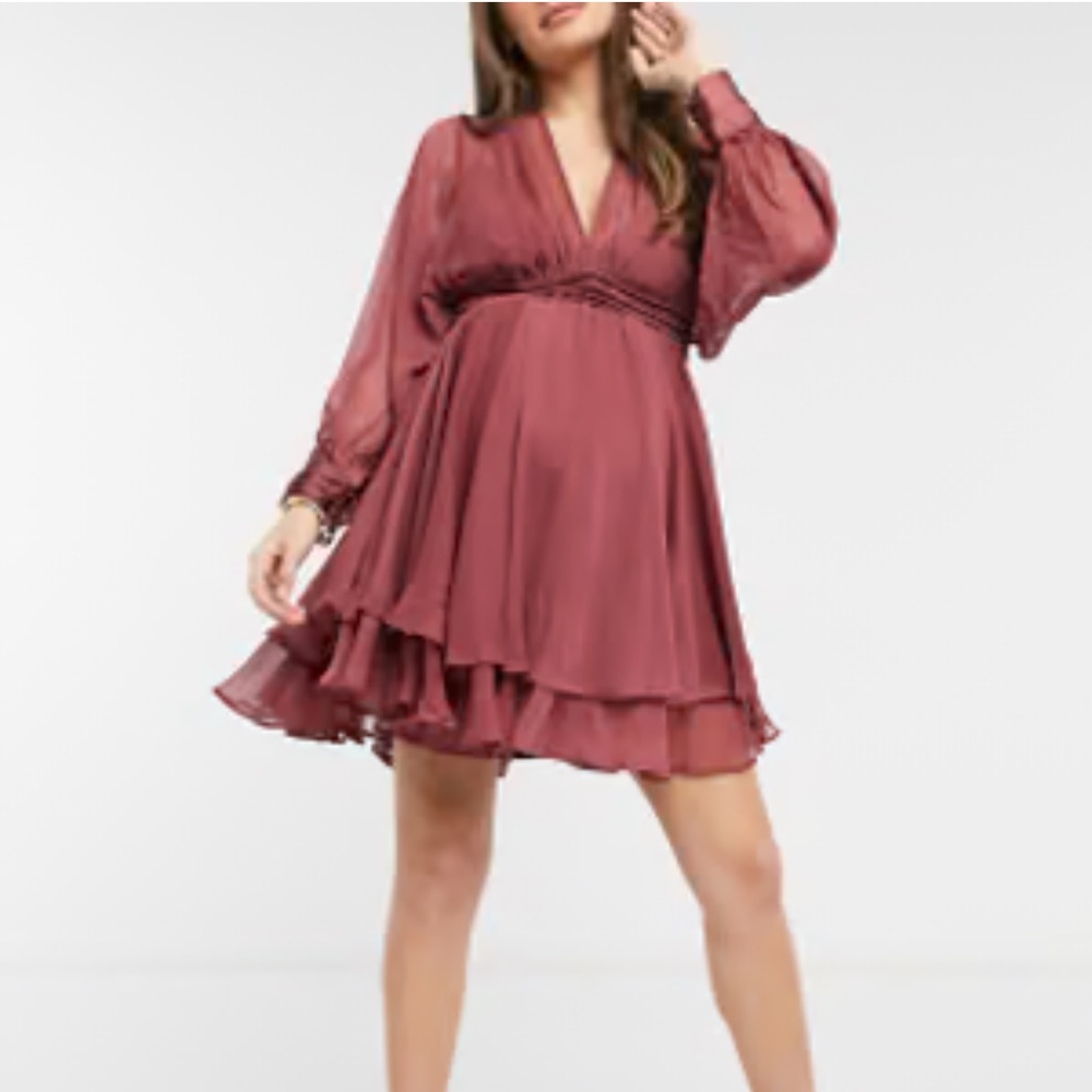 ASOS Maternity Smocked Waist Maroon Long Sleeve Dress with Lace-Up Back